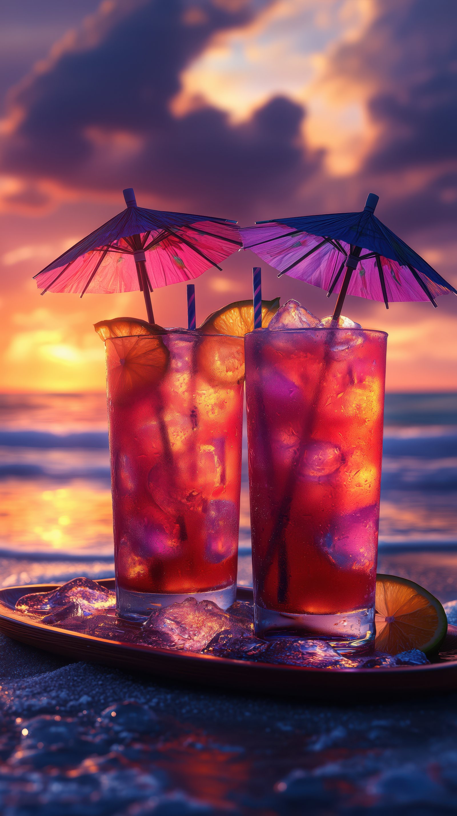 Refreshing cocktails with umbrellas on a beach at sunset by the ocean waves